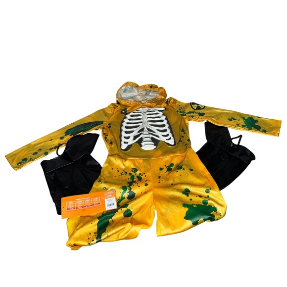 Kids Skeleton Hazmat Suit Halloween Costume Yellow Green Splatter Hood Jumpsuit - Picture 3 of 4